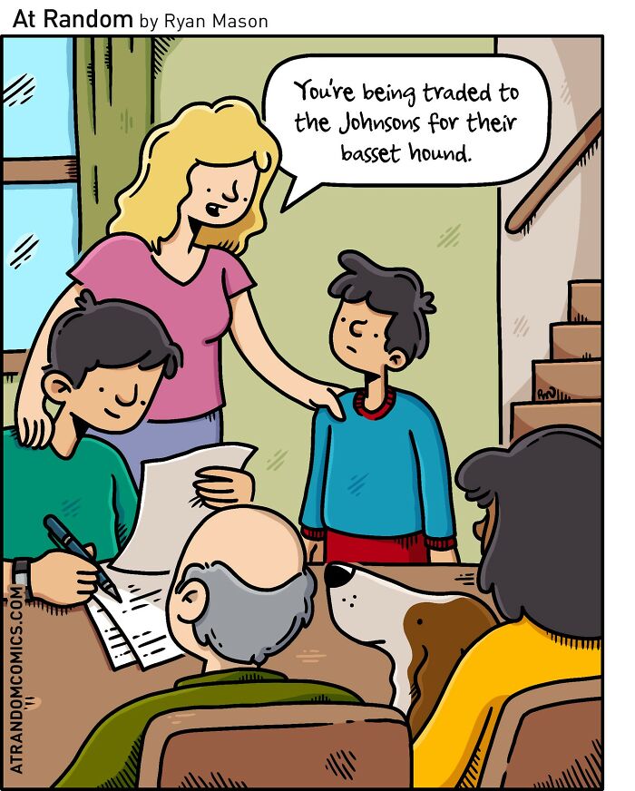 Family comic by Ryan Mason showing darkly hilarious humor with a child being traded for a basset hound in a weird scene.