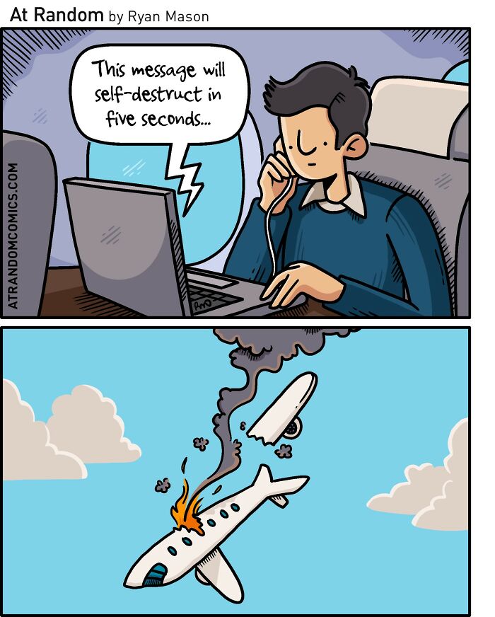 Man reading a darkly hilarious comic on laptop showing a plane self-destructing in a blend of humor and weirdness.