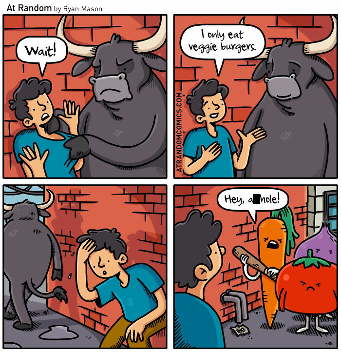Comic by Ryan Mason featuring a humorous mix of weirdness with a bull and talking vegetables in four panels.