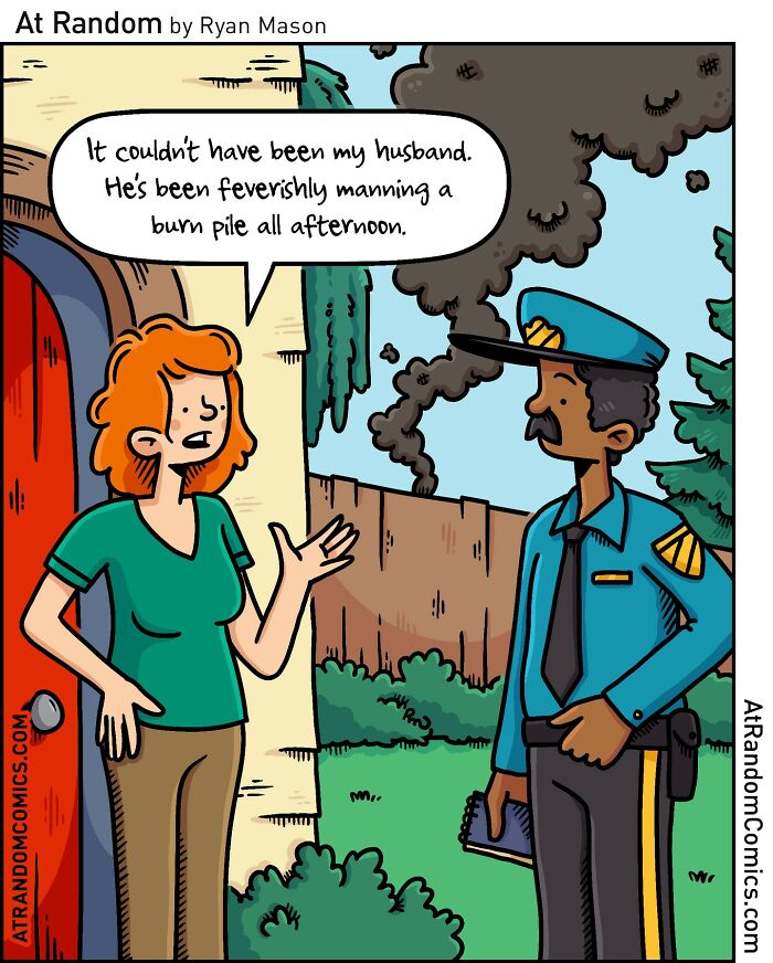 Woman explaining to a police officer in a comic panel from darkly hilarious comics blending humor and weirdness by Ryan Mason.