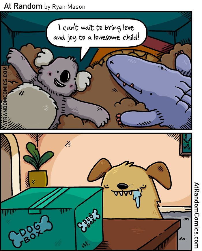 Comic by Ryan Mason featuring darkly hilarious humor with a koala, shark, and drooling dog near a labeled dog box.