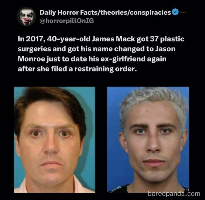 Before and after photos of a man who underwent 37 plastic surgeries, featured in horror pill unsettling images online group.