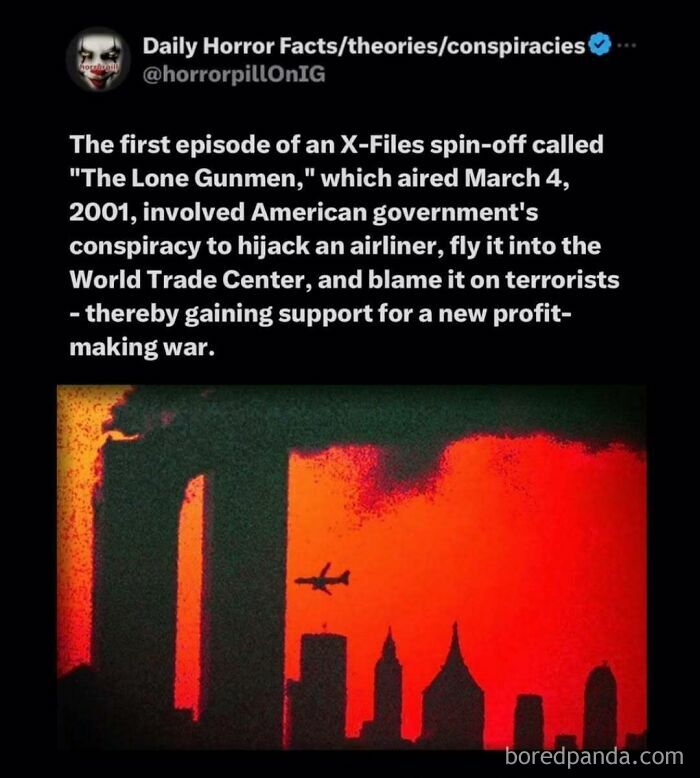 Conspiracy theory text about hijacked airliner and profit-making war with a dark city skyline in horror pill group post.
