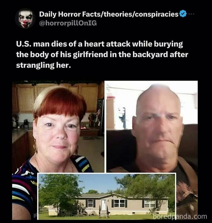 Screenshot from horror pill online group showing unsettling crime story with victim, suspect, and house images.