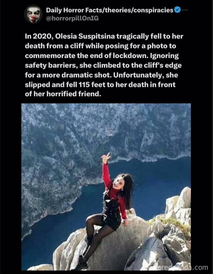 Young woman posing on cliff edge above deep ravine, illustrating unsettling images from the horror pill online group.