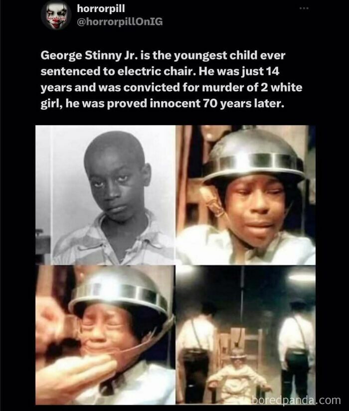 Images showing George Stinny Jr., the youngest child sentenced to the electric chair, featured in horror pill group content.