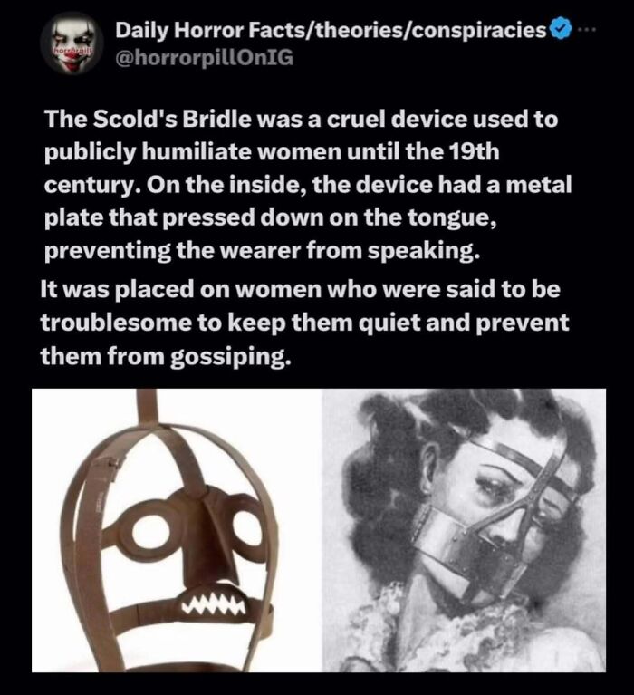 Metal scold's bridle device used to silence women, featured among unsettling horror pill online group images.