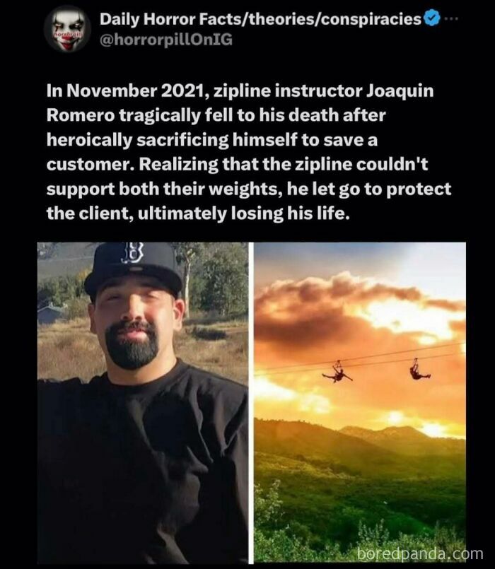 Zipline instructor’s tragic death after heroic sacrifice, featured in unsettling images from the horror pill online group.