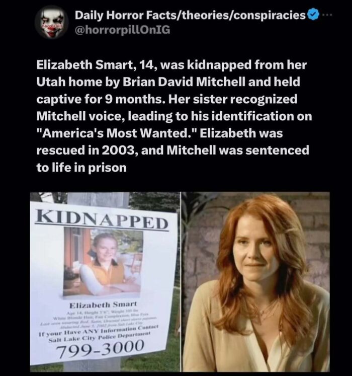 Kidnapping case details and rescue story shared on horror pill online group with unsettling images and true crime facts.