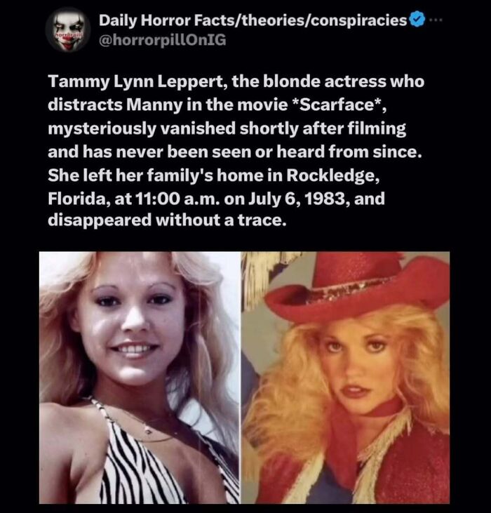 Post from horror pill online group about actress Tammy Lynn Leppert’s mysterious disappearance in 1983 with two photos included.