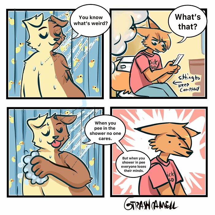 Animal comics humorously capturing the chaos of being human with relatable shower and social situations.