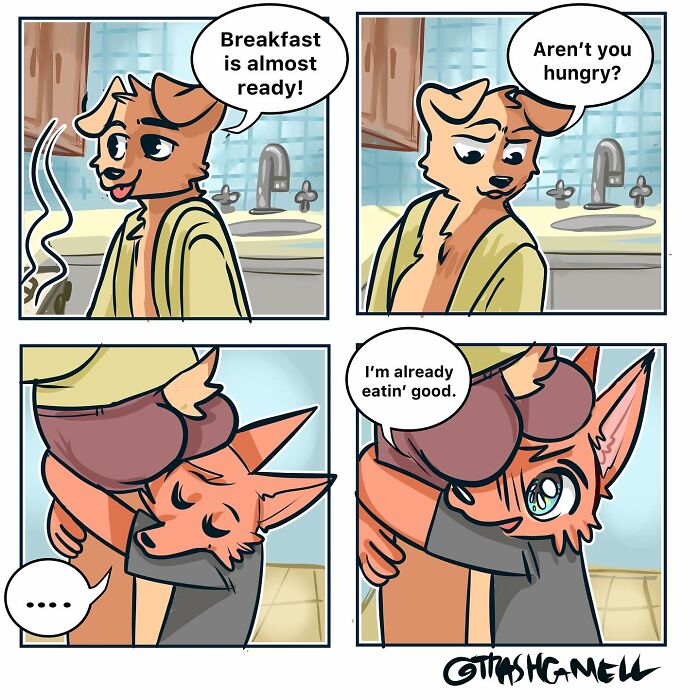 Animal comic showing a humorous kitchen scene capturing the chaos of being human with two anthropomorphic characters.