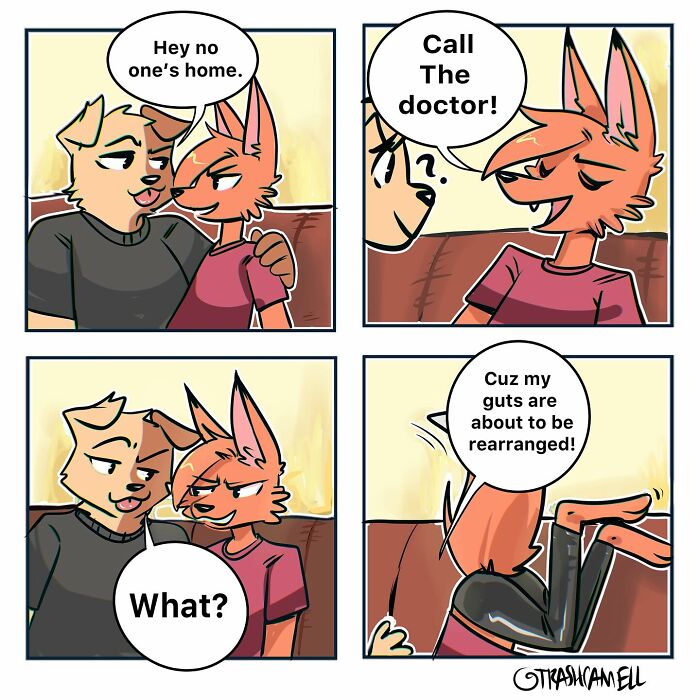 Animal comics capturing human chaos with two characters in a humorous conversation about guts being rearranged.