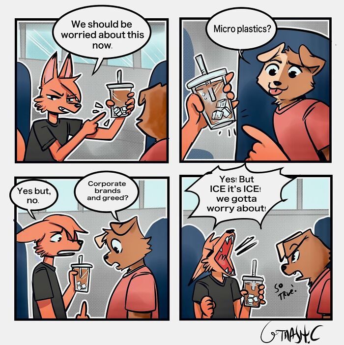 Animal comics showing characters humorously discussing environmental concerns about ice and microplastics.