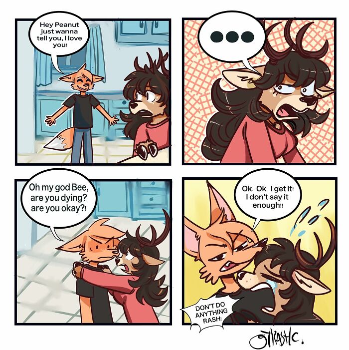 Animal comics showing chaotic and emotional moments between anthropomorphic characters expressing love and concern.