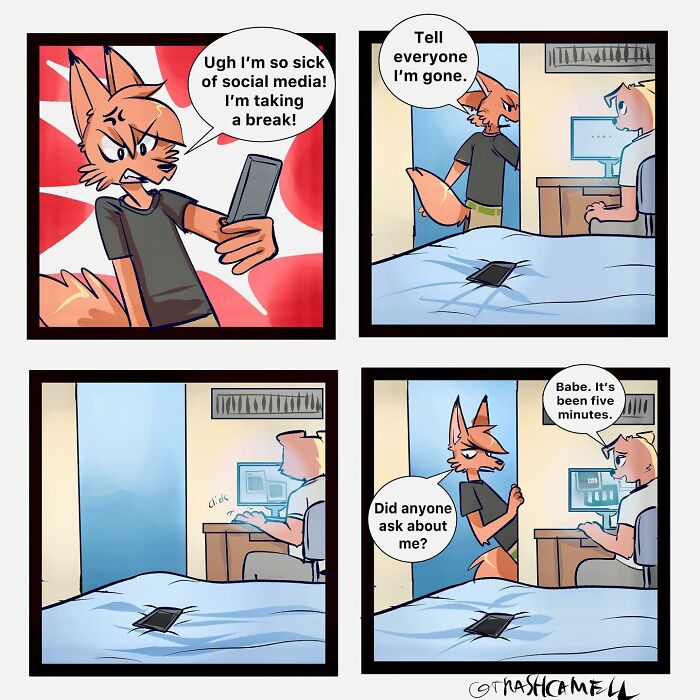 Anthropomorphic animal comic capturing the chaos of being human with social media break and relationship humor.
