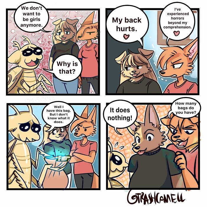 Animal comics humorously capturing the chaos of human struggles with back pain and mysterious bags in four-panel cartoon style.