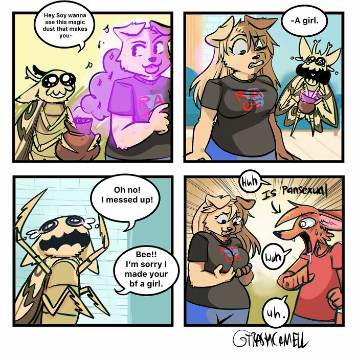 Animal comics depicting humorous chaos of being human with magical dust, gender mix-up, and identity confusion in colorful panels.