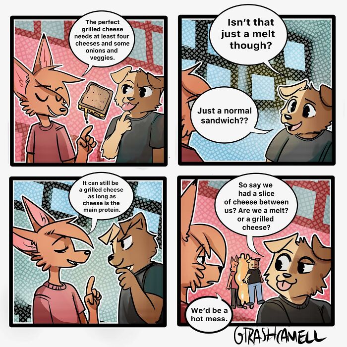 Two animal comics characters debate the chaos of grilled cheese versus melt sandwiches in a humorous comic strip.