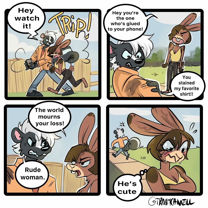Animal comics showing a skunk and rabbit in a humorous argument capturing the chaos of being human in four panels.