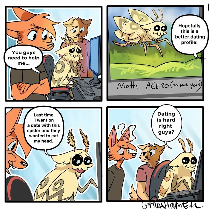 Animal comics humorously depicting the chaos of dating struggles through talking insect and animal characters at a computer.