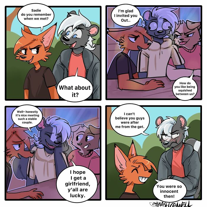 Four-panel animal comic captures the chaos of being human through humorous anthropomorphic character interactions.