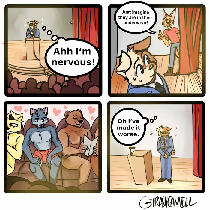 Animal comics depicting a nervous dog on stage with other animals reacting, capturing the chaos of being human.