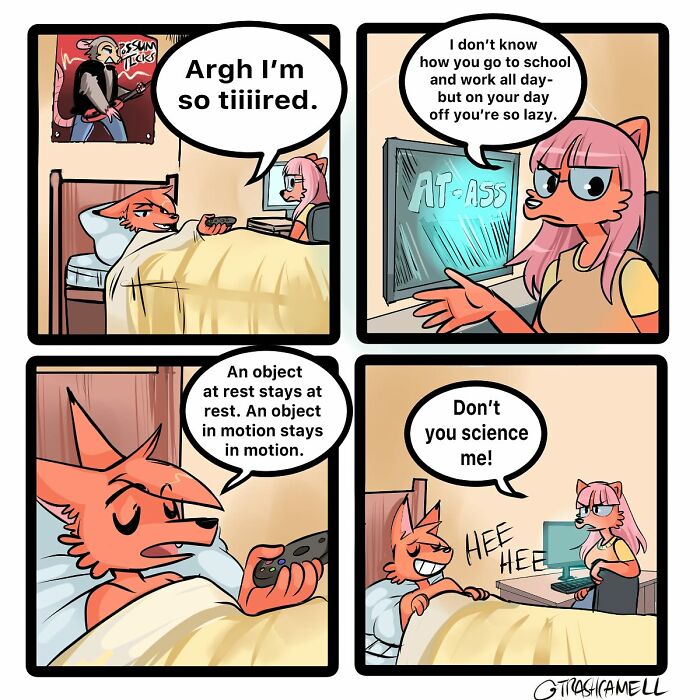 Animal comic strip showing two characters, a tired fox and a cat with glasses, humorously capturing human chaos.