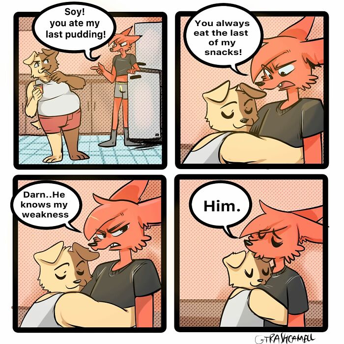 Animal comics humor showing two characters arguing over snacks, capturing the chaos of human relationships and emotions.