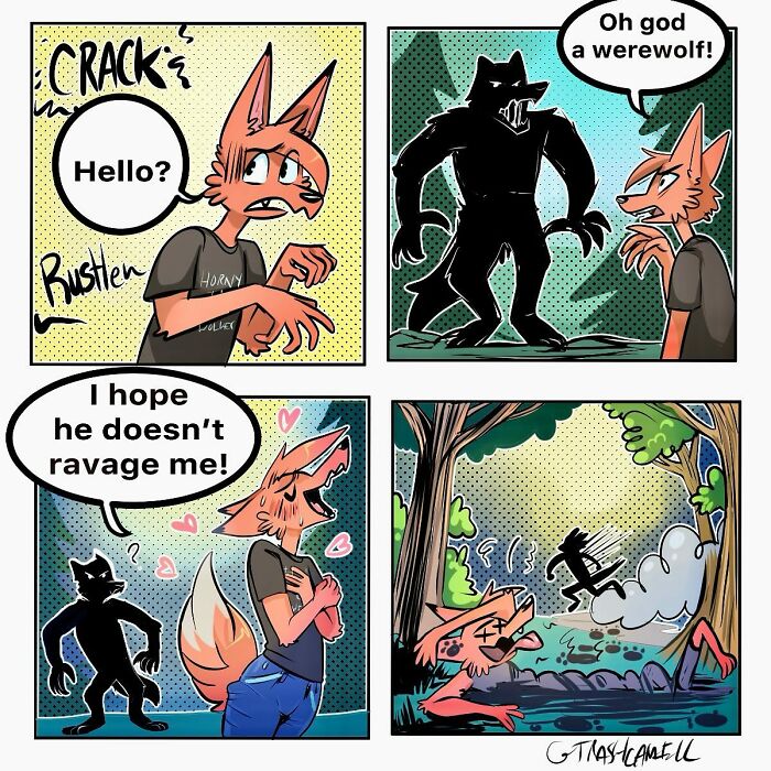 Comic panels showing an anxious fox encountering a werewolf, humorously capturing the chaos of being human in animal comics.