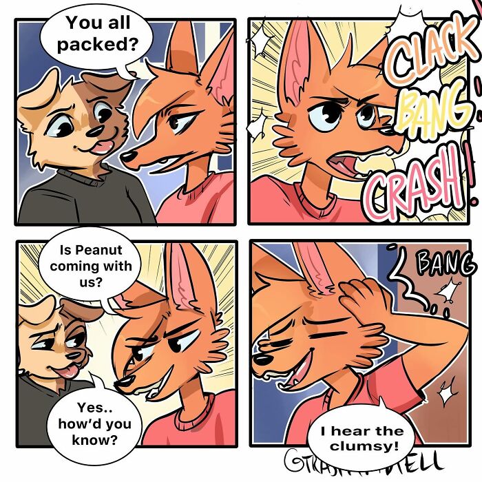 Animal comic panels showing anthropomorphic characters discussing chaos caused by a clumsy friend with sound effects in the background.