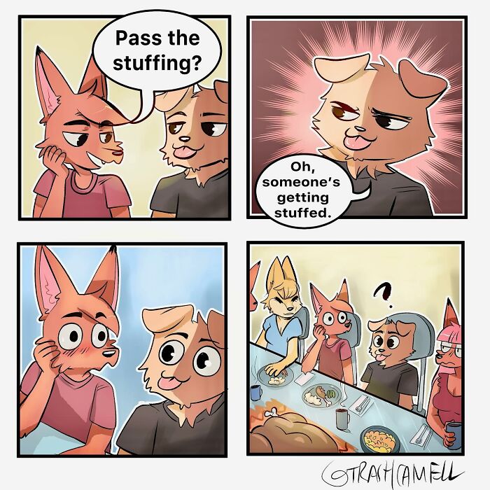 Animal comics depicting chaotic and humorous moments of anthropomorphic characters at a dinner table.