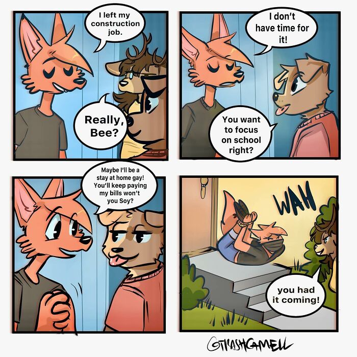 Anthropomorphic animal comics humorously depicting the chaos of being human through relatable dialogue and situations.