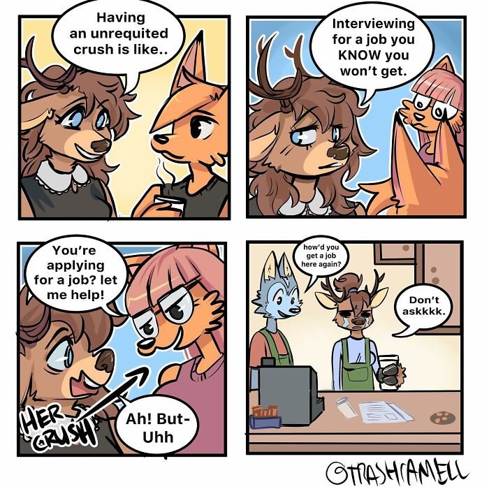Animal comics showing anthropomorphic characters capturing the chaos of being human with humor and relatable job interview scenes.