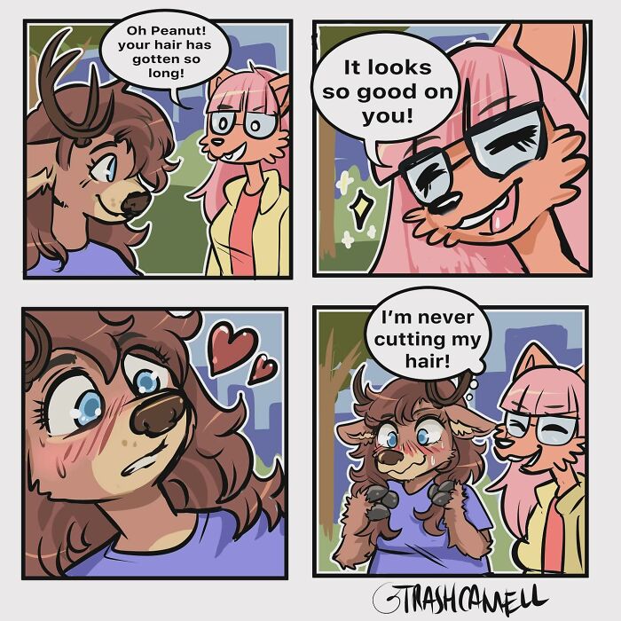 Animal comics showing a character reacting emotionally to a compliment about their long hair in a humorous scene.