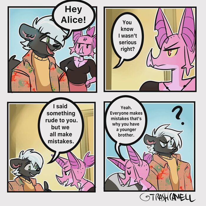 Animal comics depicting humorous sibling chaos with two characters in a colorful, cartoon-style comic strip.