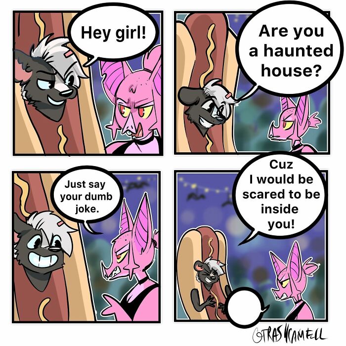 Animal comics depicting chaotic, humorous interactions between a hot dog costume character and a pink bat.