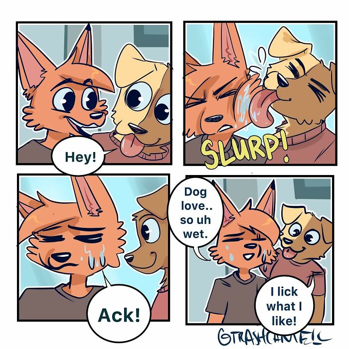 Animal comic showing a dog licking a cat’s face, capturing the chaos of being human with humor and cute expressions.