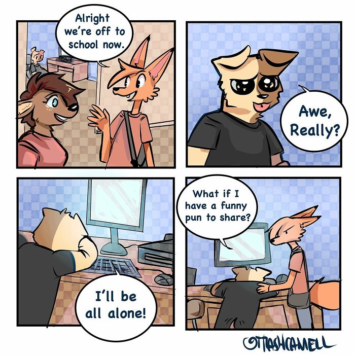 Animal comics capturing the chaos of being human showing a funny pun shared between anthropomorphic characters at school.