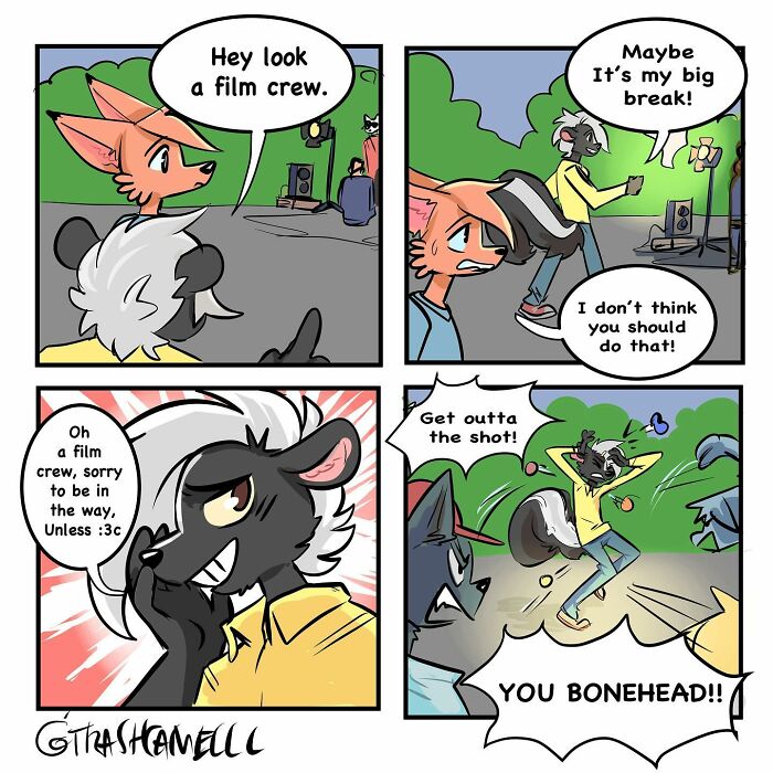 Animal comics capturing the chaos of being human with a film crew scene and humorous character interactions.