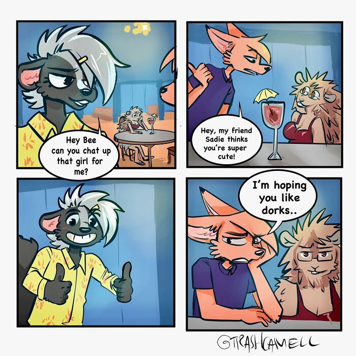 Animal comics showing anthropomorphic characters in a humorous dating scene capturing the chaos of being human.