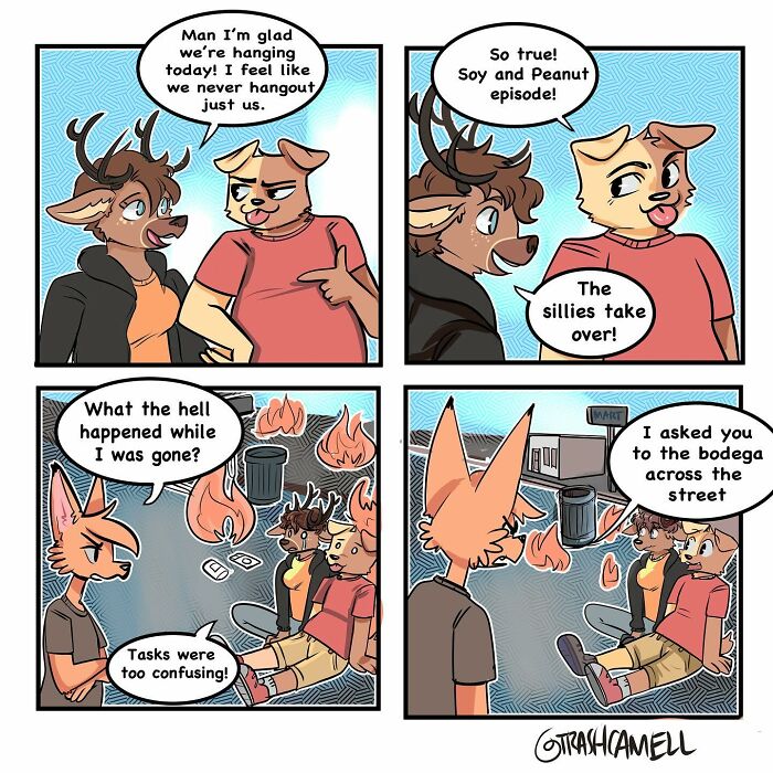 Comic strip featuring animal characters capturing the chaos of being human with humor and relatable situations.