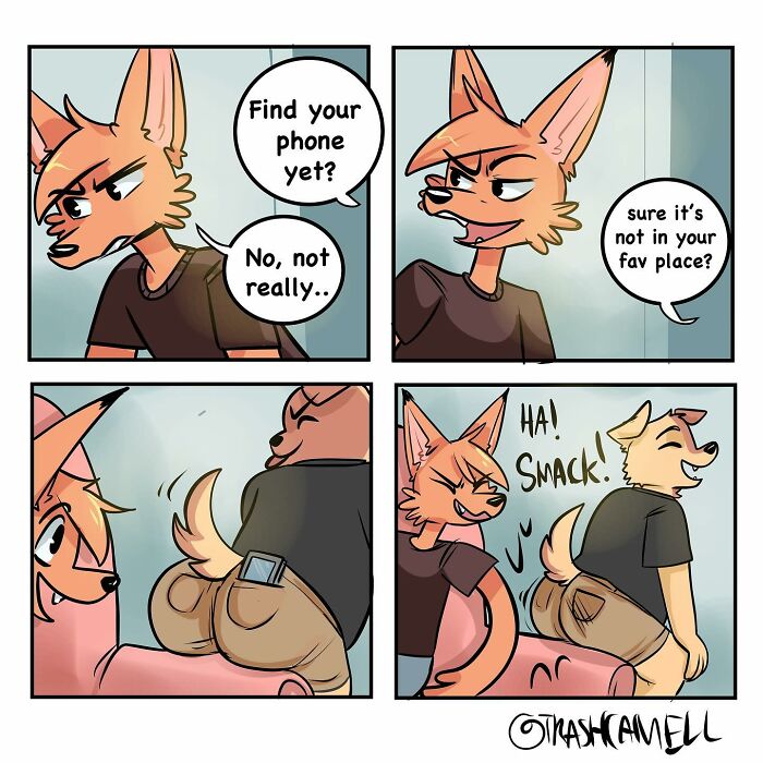 Animal comics featuring two anthropomorphic characters capturing the humor and chaos of daily human life moments.