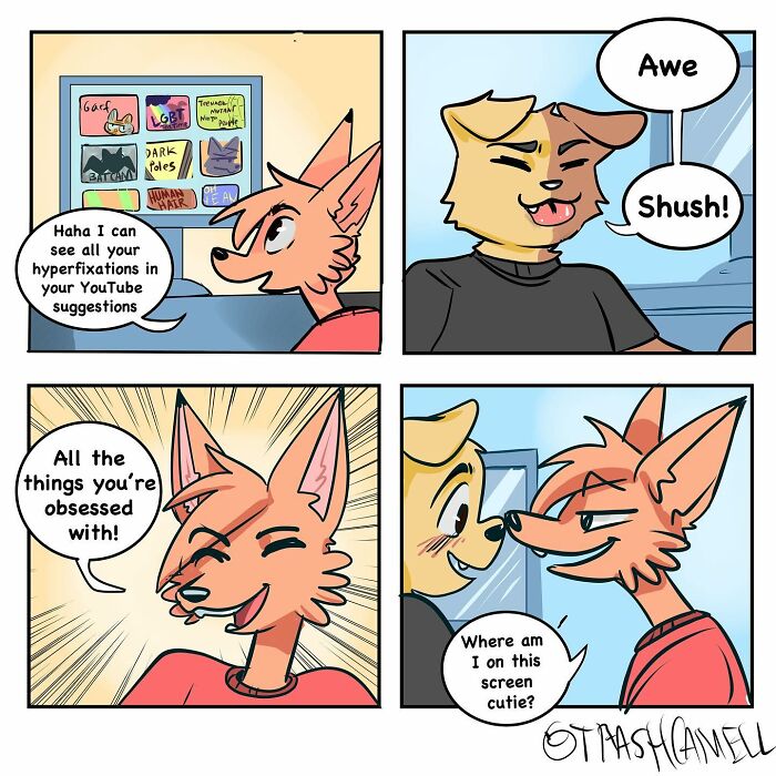 Animal comics humor with two cartoon animals joking about YouTube hyperfixations, capturing the chaos of being human.