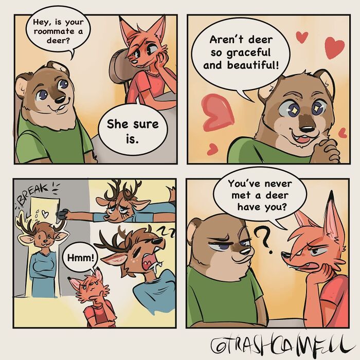 Animal comics scene showing anthropomorphic characters humorously discussing deer with playful expressions and dialogue.