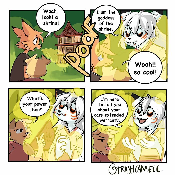 Animal comics capturing the chaos of being human with humorous characters and unexpected dialogue about shrines and warranties.