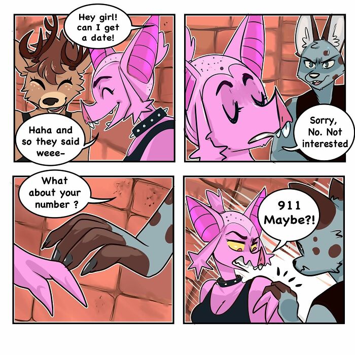 Animal comics showing a pink creature asking for a date, rejected by a gray character, capturing human social chaos.