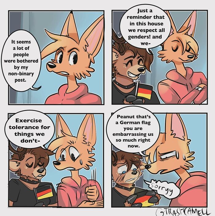 Animal comics depicting the chaos of being human with characters discussing gender and tolerance in a humorous scene.