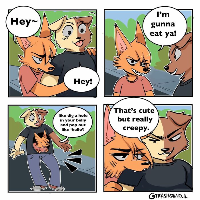 Animal comic panels showing two anthropomorphic animals humorously capturing the chaos of being human in a casual outdoor setting.