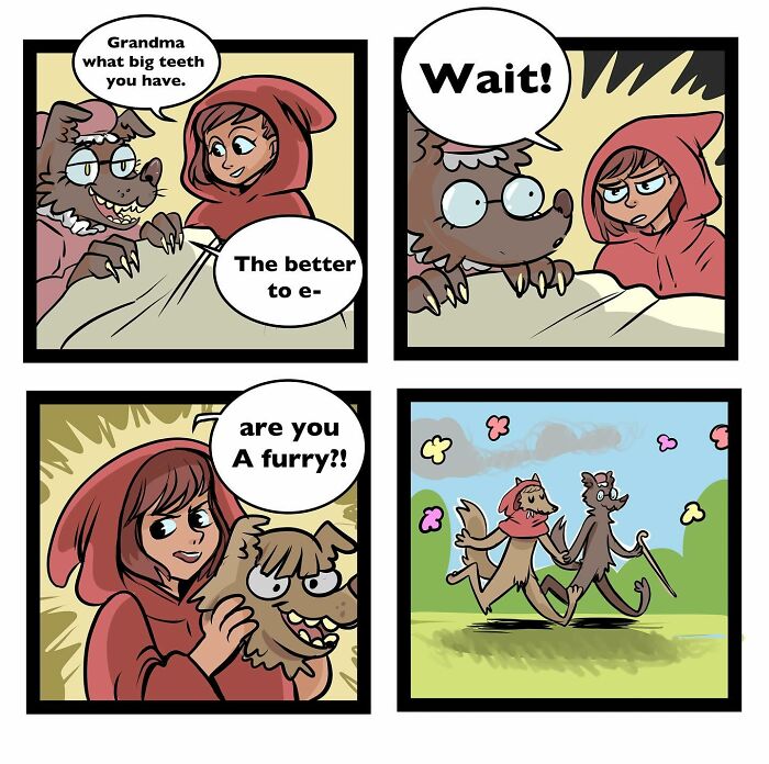 Comic panels showing a twist on Little Red Riding Hood with animal characters capturing the chaos of being human.